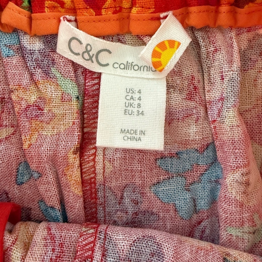 C&C California Tropical Floral Red Orange Linen Blend Belted Shorts NWOT Size 4 - Picture 6 of 9